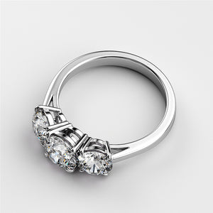 Elegant three-stone wedding band featuring round diamonds in a polished 14K or 18K white gold band. A timeless choice for commitment.