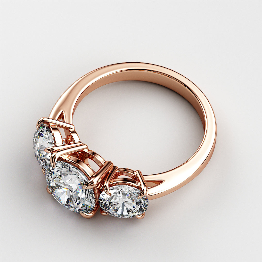Stunning 14K rose gold three-stone wedding band with round diamonds, perfect for engagements and eternal love. 