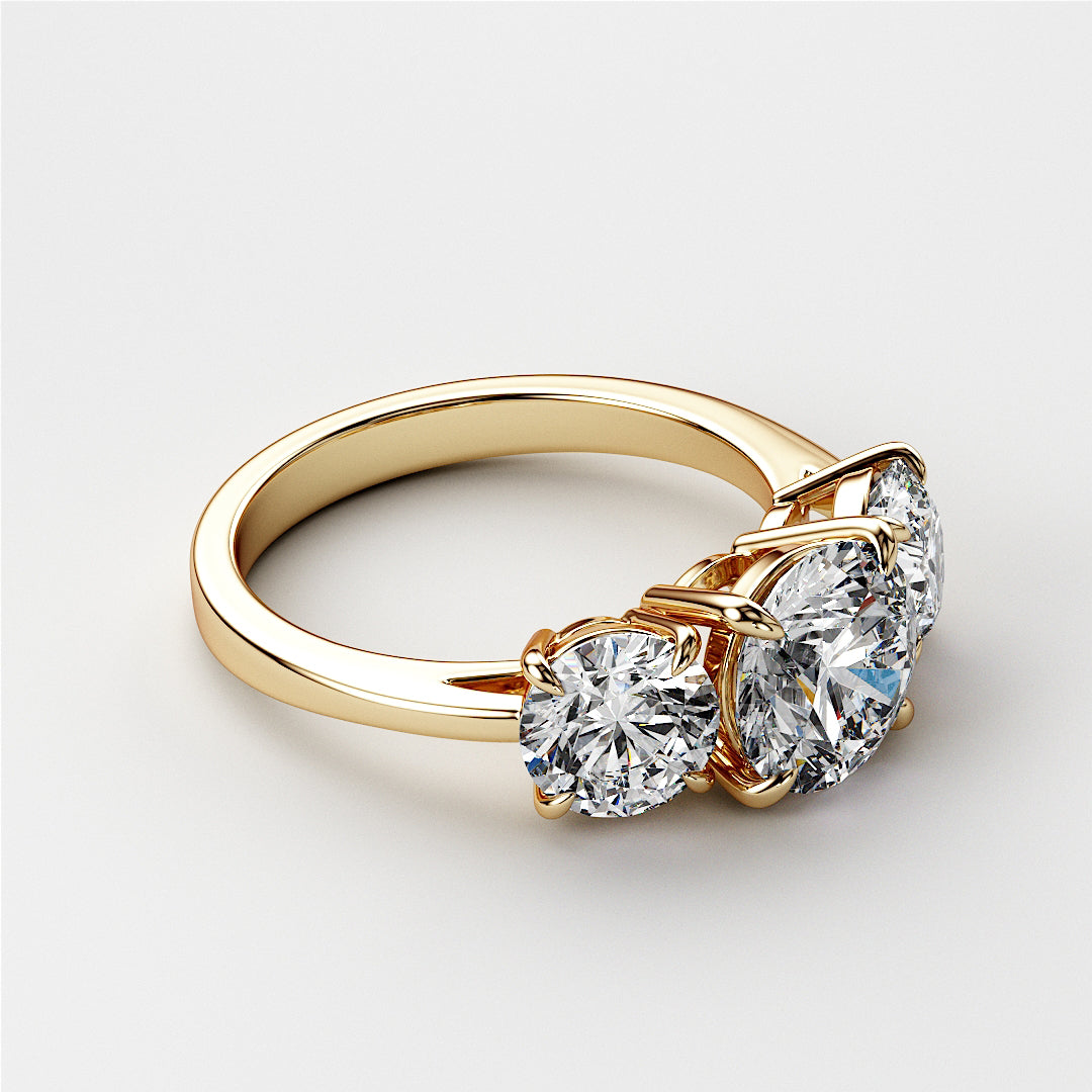 Elegant 14K or 18K gold or platinum wedding band featuring three round diamonds, embodying luxury and timeless beauty. 