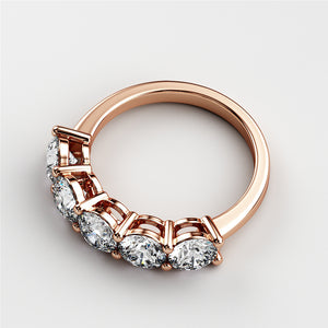 Rose gold wedding band featuring five round brilliant-cut diamonds in prong setting, available in 14K, 18K, or platinum. 