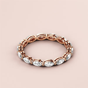 Marquise diamond eternity band in rose gold, available in 14K, 18K, or platinum.  Elegant wedding band design with marquise diamonds. 