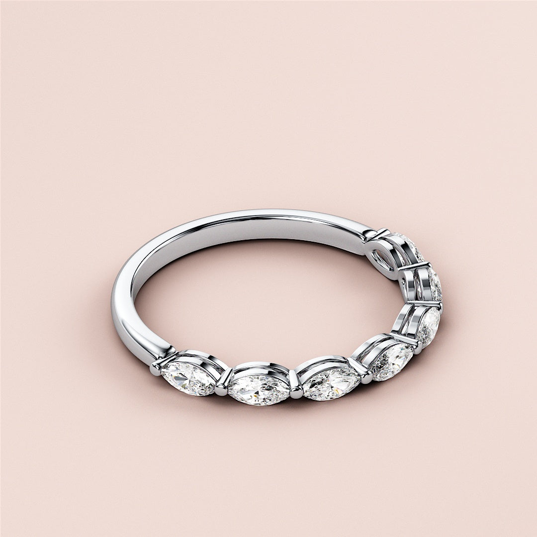 Elegant white gold marquise half eternity wedding band featuring shared prong setting and multiple diamonds, perfect for lasting love. |
 #14KRecycledWhiteGold
 #18KRecycledWhiteGold
 
 
 
 
 #Platinum