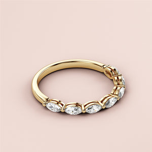 Marquise diamond wedding band in 14K/18K gold or platinum, half-eternity design with shared prongs for a stunning look. 