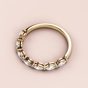 14K yellow gold marquise half eternity wedding band with shared prong diamonds, showcasing exquisite design and craftsmanship. 