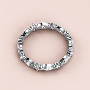 Elegant 14K or 18K white gold eternity wedding band featuring alternating marquise and baguette diamonds for a sophisticated touch. 