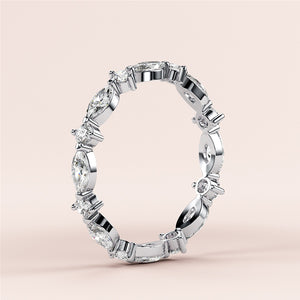 Stunning 14K/18K gold or platinum eternity ring with marquise diamonds, perfect for weddings and elegant occasions. 