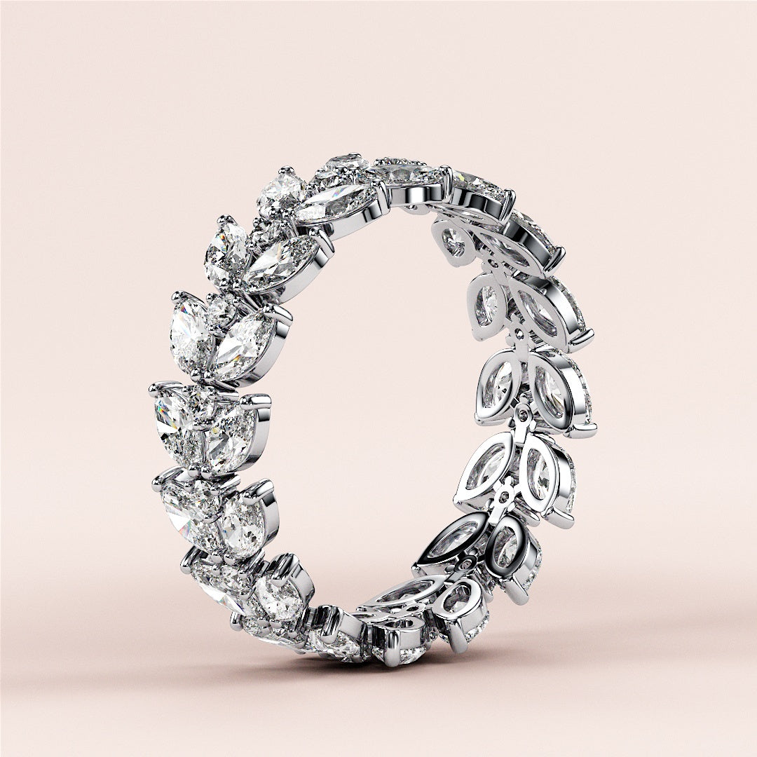 Elegant 14K and 18K white gold marquise eternity wedding band featuring sparkling diamonds and intricate detailing. |
 #14KRecycledWhiteGold
 #18KRecycledWhiteGold
 
 
 
 
 #Platinum