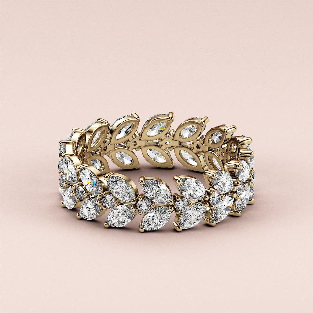 14K Yellow Gold wedding band, elegant eternity ring with marquise-cut diamonds in a leaf design pattern. |
 
 
 #14KRecycledYellowGold
 #18KRecycledYellowGold