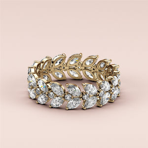 14K Yellow Gold wedding band, elegant eternity ring with marquise-cut diamonds in a leaf design pattern. 