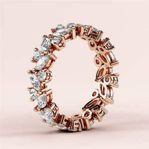 Elegant 14K/18K rose gold eternity wedding band with marquise-cut diamonds in a luxurious pattern for a stunning look. 