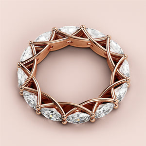Elegant rose gold eternity wedding band featuring marquise-cut diamonds, available in 14K, 18K gold, or platinum. 