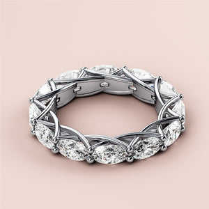Elegant 14K/18K white gold eternity wedding band with marquise-cut diamonds in a lattice setting, perfect for timeless love. 