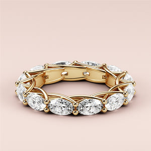 Elegant 14K or 18K yellow gold eternity wedding band featuring marquise-cut diamonds in a trellis design, showcasing exquisite craftsmanship. 
