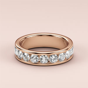 Elegant rose gold 14K or 18K channel set round diamond eternity wedding band, perfect for everlasting love. 