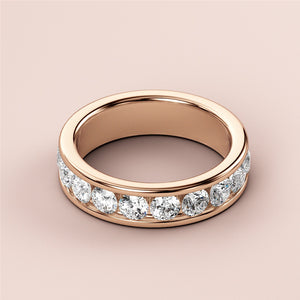Elegant 14K rose gold wedding band featuring round-cut diamonds in a luxury eternity design, perfect for timeless elegance. 