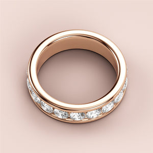 Elegant 14K/18K rose gold round channel eternity wedding band with brilliant cut diamonds, perfect for eternal love. 