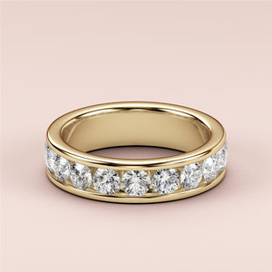 Yellow gold wedding band featuring round brilliant cut diamonds in a channel setting, available in 14K, 18K, or platinum.  Perfect for eternity. 