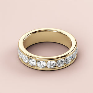 Elegant 14K Yellow Gold wedding band featuring brilliant round-cut diamonds in a channel setting, perfect for eternity. 