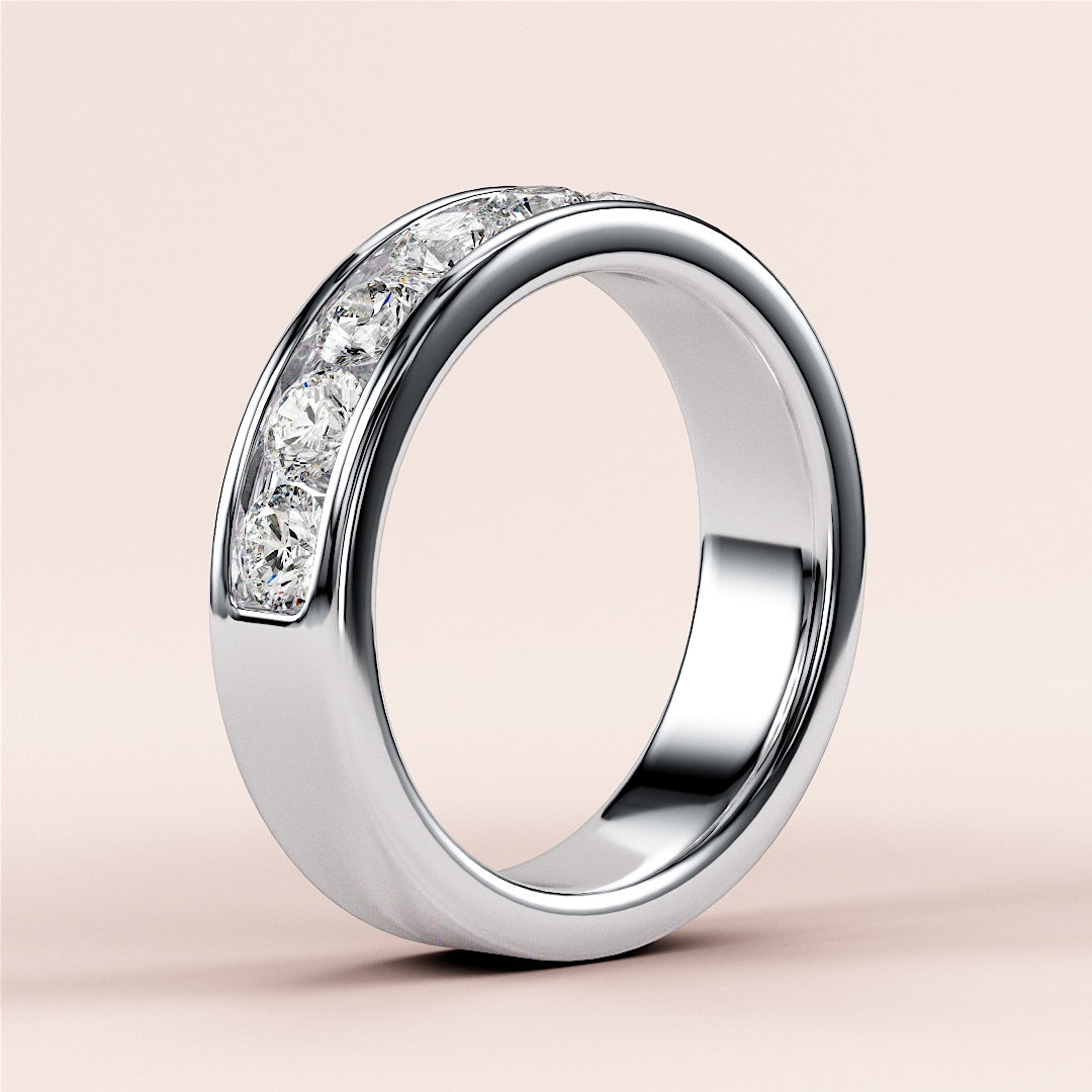 14K/18K Gold or Platinum Channel-Set Round Diamond Wedding Band, elegant half eternity design with stunning sparkle. 