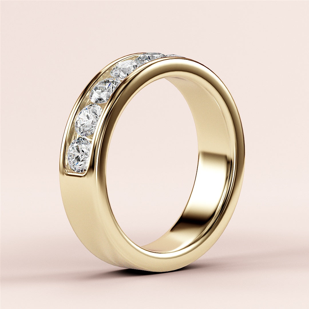 Stunning 14K/18K Gold Round Channel Half Eternity Wedding Band with brilliant diamonds, perfect for engagements and special occasions. 