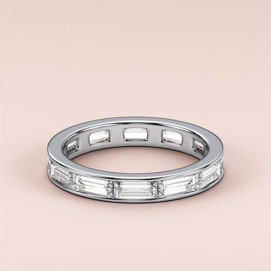 Elegant 14K/18K White Gold Eternity Band with Baguette Diamonds, Wedding Band Style, Model Not Wearing. 