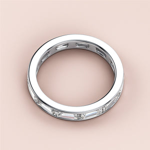 Elegant diamond baguette-cut eternity wedding band in 14K or 18K white gold or platinum.  Perfect for timeless love. 