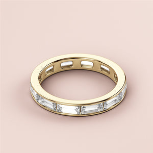 Elegant 14K/18K yellow gold baguette channel-set eternity wedding band, perfect for lasting love. 
