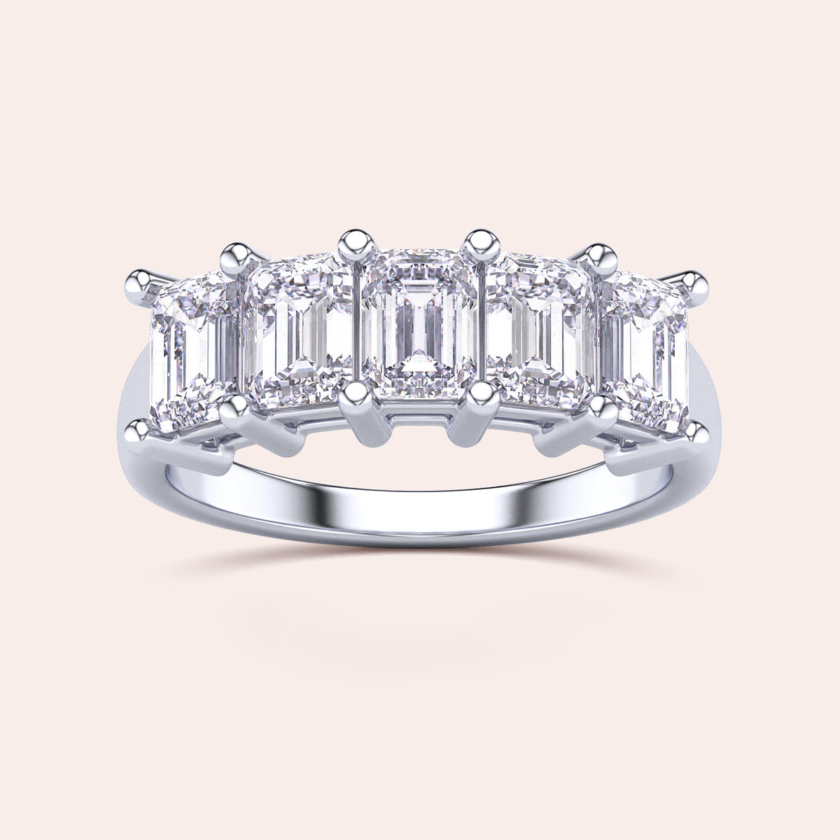 Luxurious 14K/18K White Gold Wedding Band with Emerald-Cut Diamonds, Unworn, on a White Background. 