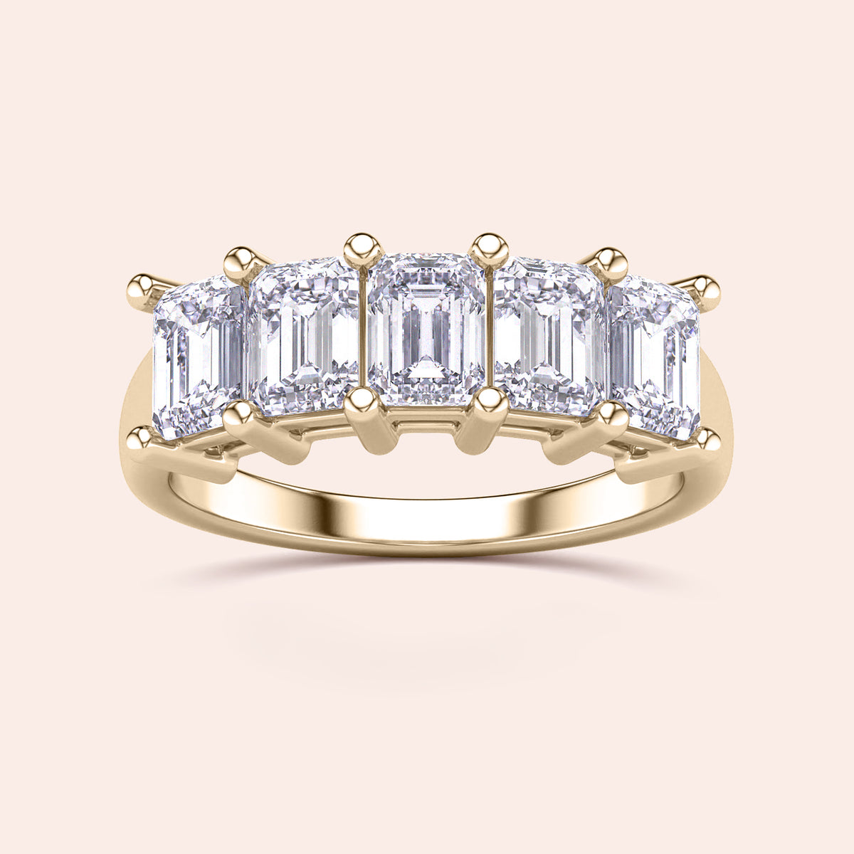 Elegant 14K yellow gold five-stone wedding band featuring Asscher-cut diamonds for a timeless spark. Perfect for eternity. 