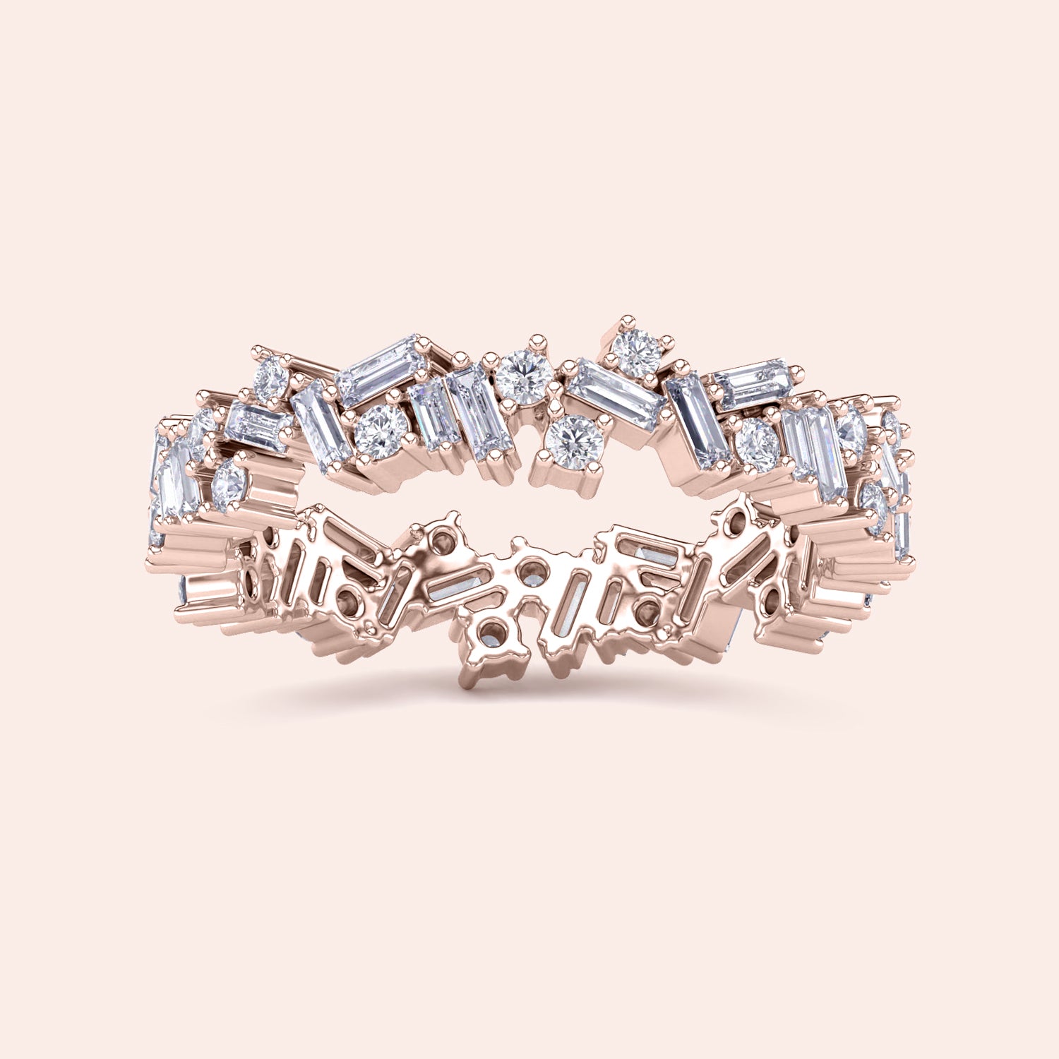 Elegant 14K or 18K rose gold eternity band featuring round and baguette diamonds in a stunning starburst design. | Perfect for weddings. 
 
 
 
 
 #14KRecycledRoseGold
 #18KRecycledRoseGold