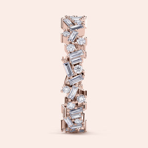 Exquisite 14K Rose Gold diamond eternity ring with baguette and round brilliant diamonds, perfect for weddings and special occasions. 