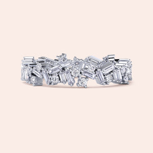 Elegant 14K white gold eternity band featuring round and baguette diamonds, perfect for weddings and special occasions. 