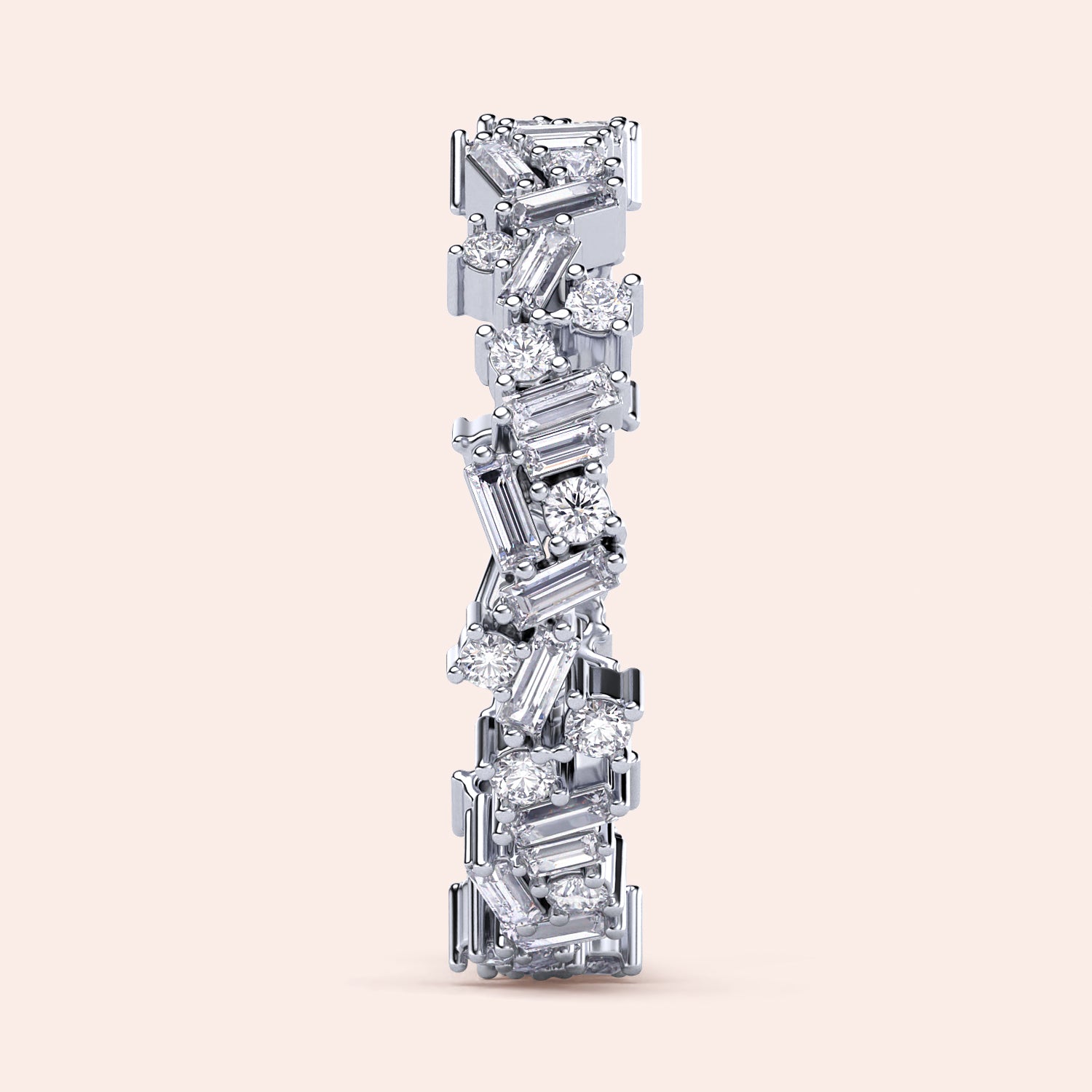 Stunning 14K or 18K white gold baguette and round diamond eternity wedding band, elegantly showcasing intricate design. |
 #14KRecycledWhiteGold
 #18KRecycledWhiteGold
 
 
 
 
 #Platinum