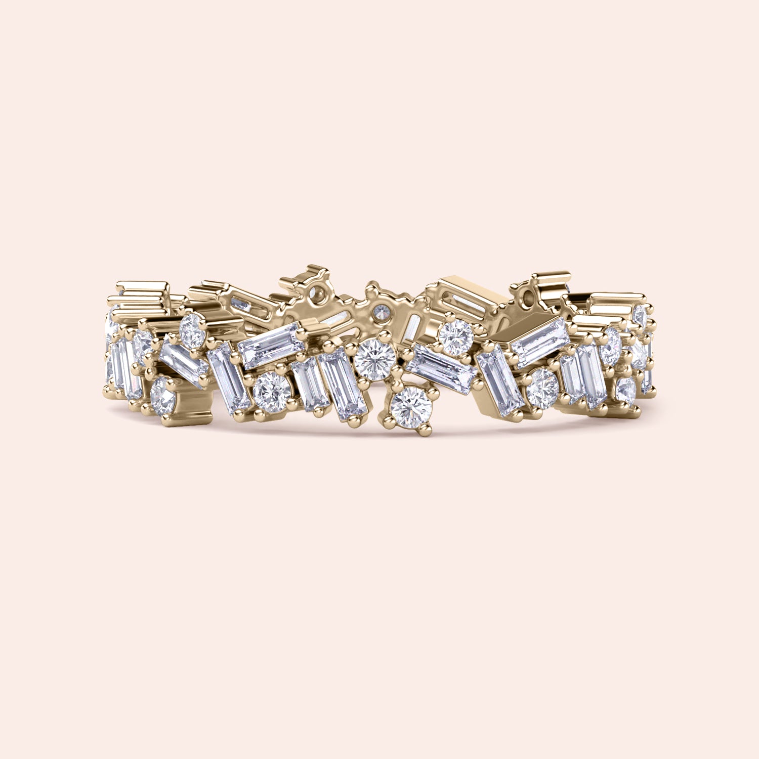 Exquisite yellow gold 14K and 18K eternity wedding band with intricate baguette and round diamonds design. |
 
 
 #14KRecycledYellowGold
 #18KRecycledYellowGold