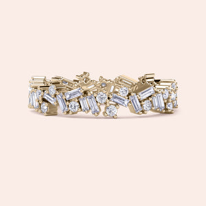 Exquisite yellow gold 14K and 18K eternity wedding band with intricate baguette and round diamonds design. 
