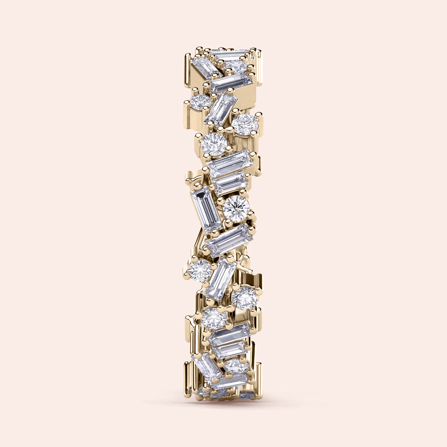Elegant 14K and 18K gold eternity wedding band with round and baguette diamonds, shown on a neutral background. |
 
 
 #14KRecycledYellowGold
 #18KRecycledYellowGold
