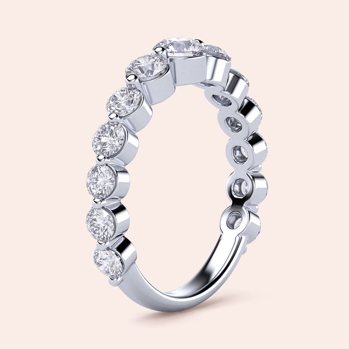 Elegant round diamond eternity wedding band in 14K or 18K white gold, featuring a stunning row of sparkling round-cut diamonds. 