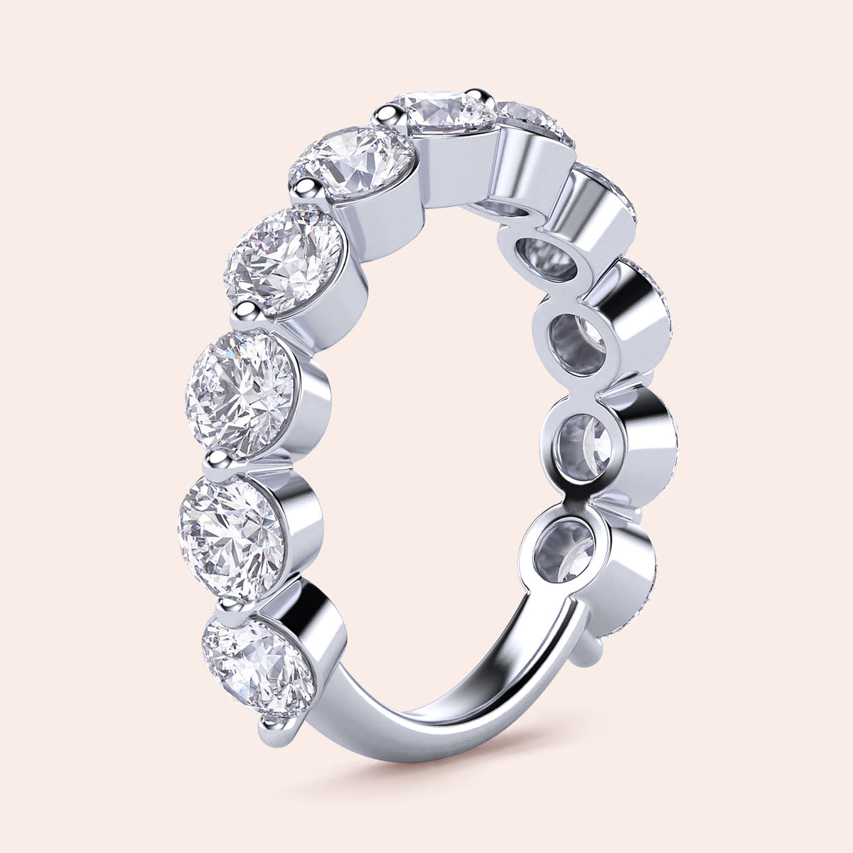 Elegant 14K or 18K white gold wedding band featuring a stunning row of round brilliant-cut diamonds, perfect for engagements. 