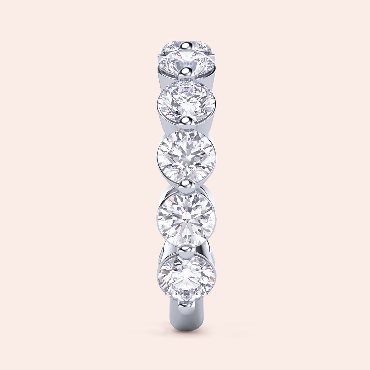 Elegant round diamond eternity band in 14K or 18K gold or platinum, showcasing brilliant round-cut diamonds in prong setting. 
