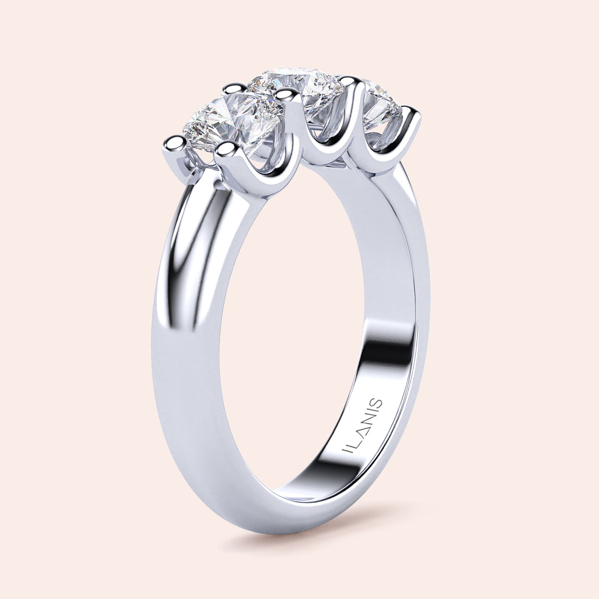 Elegant 14K/18K white gold three stone U-prong wedding band, featuring exquisite craftsmanship, ideal for celebrations of love. 