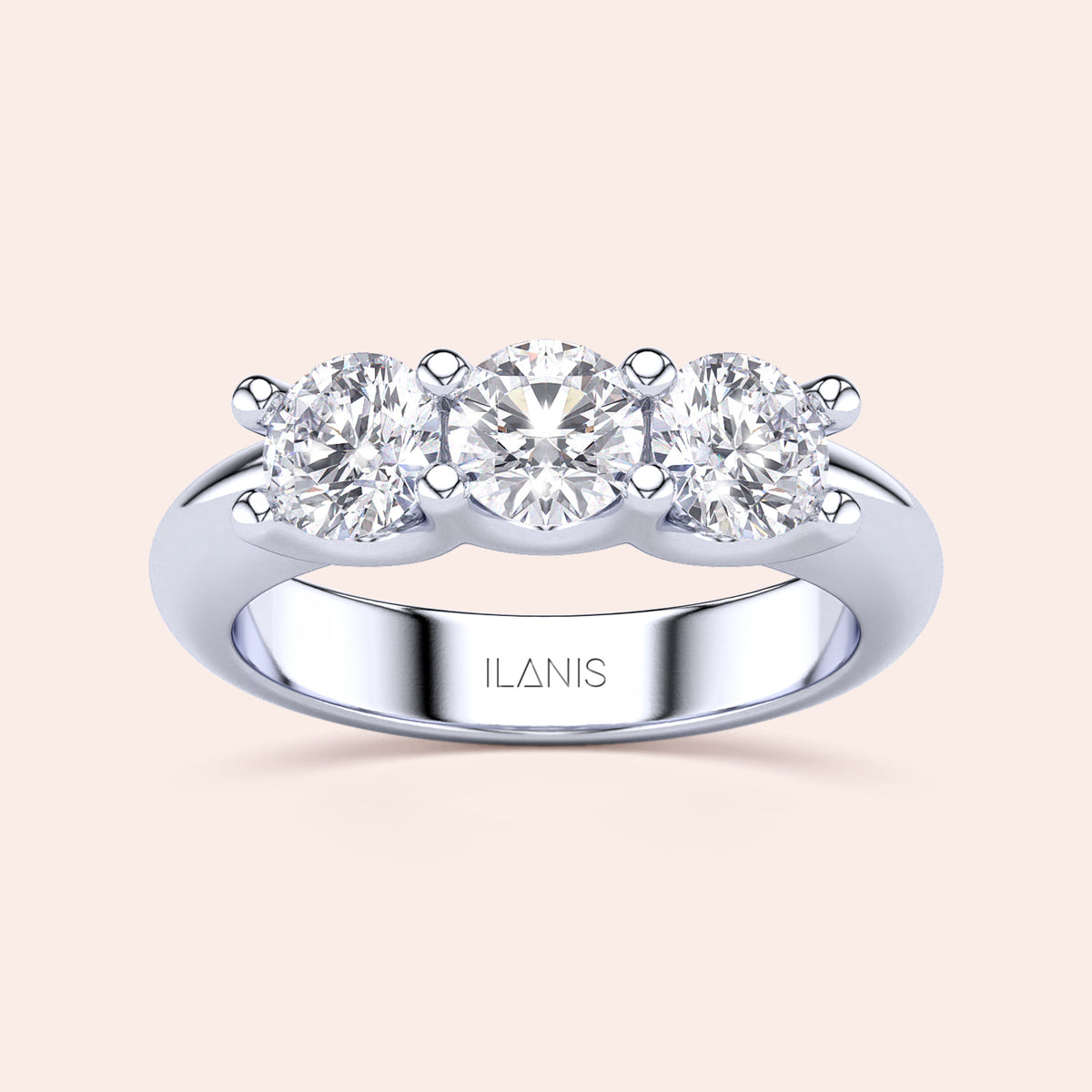 Stunning 14K/18K White Gold Wedding Band with Three Round Diamonds in Prong Setting, radiating classic elegance and timeless beauty. 