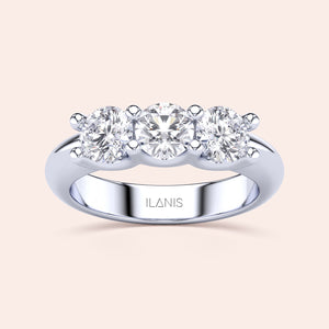 Stunning 14K/18K White Gold Wedding Band with Three Round Diamonds in Prong Setting, radiating classic elegance and timeless beauty. 