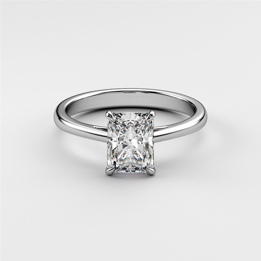 Radiant cut diamond engagement ring in 14K/18K gold or platinum, featuring a stunning solitaire style design.|

#14KRecycledWhiteGold
#18KRecycledWhiteGold








#Platinum