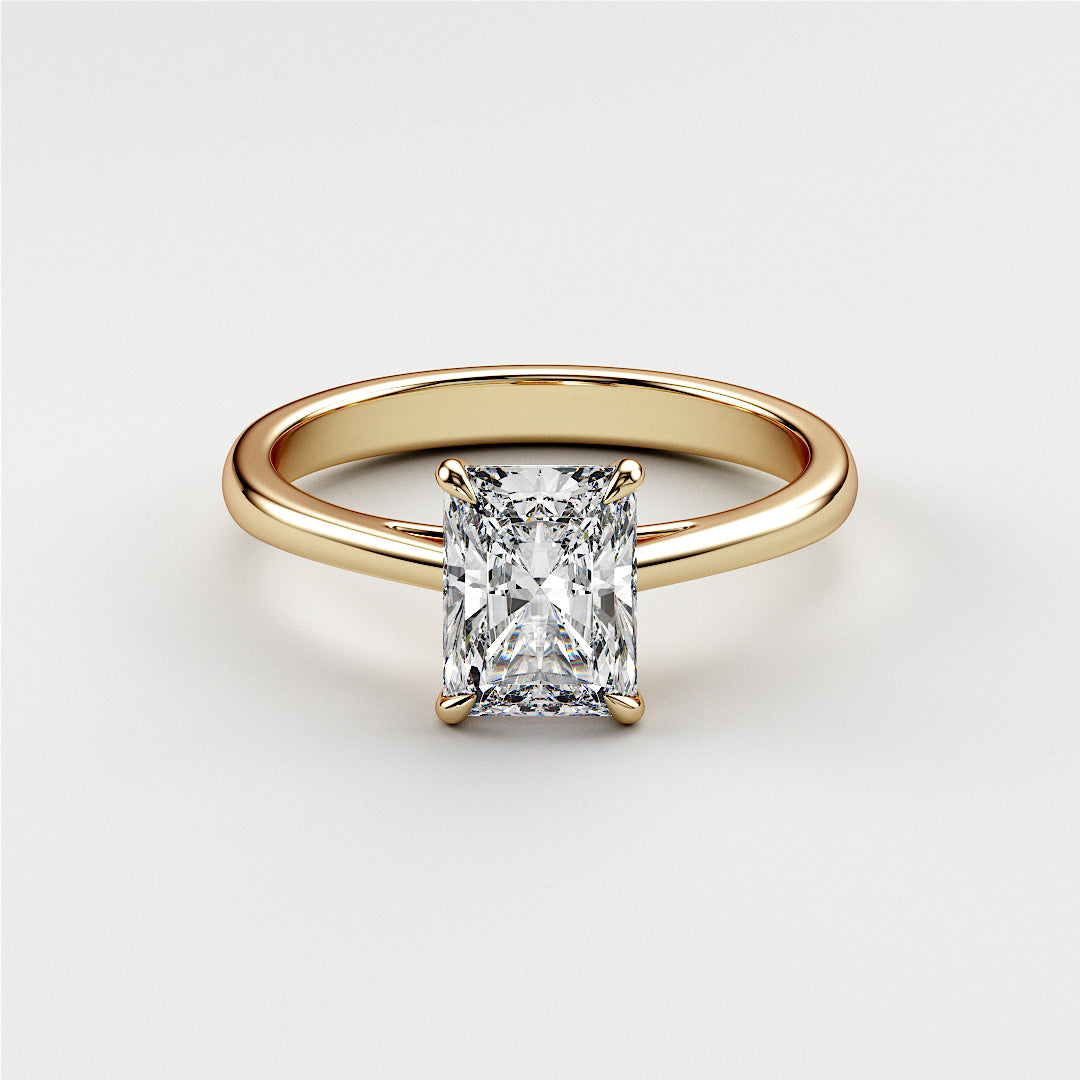 14K or 18K Gold engagement ring with radiant-cut diamond in a classic solitaire cathedral setting, elegant and timeless fine jewelry.|




#14KRecycledYellowGold
#18KRecycledYellowGold





