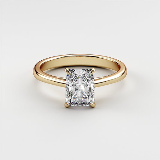 14K or 18K Gold engagement ring with radiant-cut diamond in a classic solitaire cathedral setting, elegant and timeless fine jewelry.