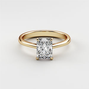 14K or 18K Gold engagement ring with radiant-cut diamond in a classic solitaire cathedral setting, elegant and timeless fine jewelry.