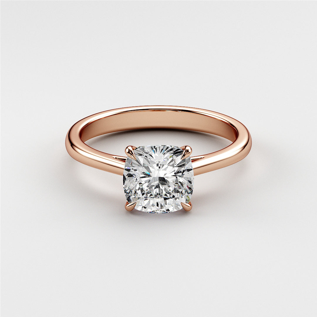 14K rose gold engagement ring featuring a stunning cushion-cut diamond, elegant cathedral setting, perfect for unforgettable moments.