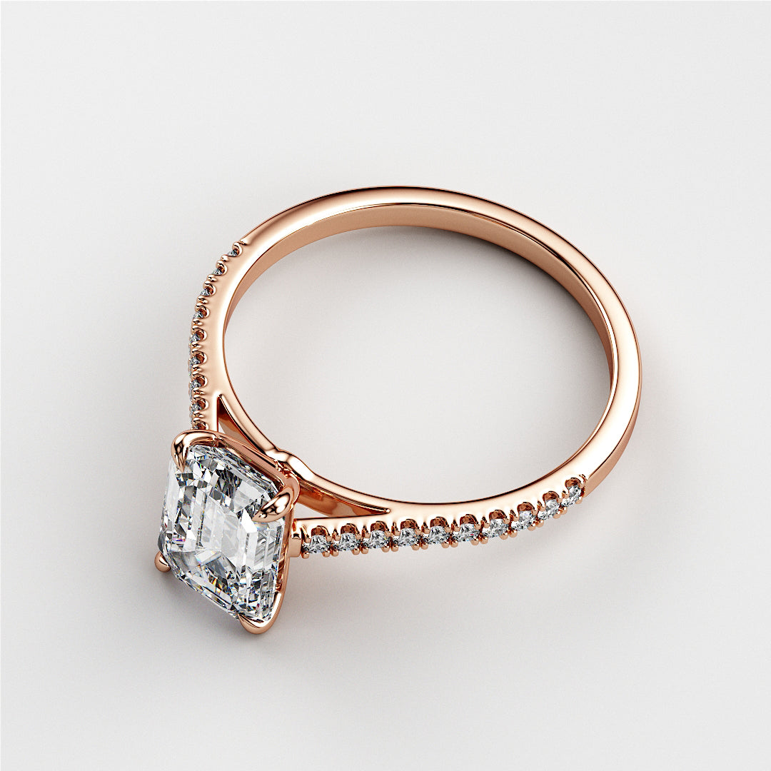 Elegant rose gold engagement ring featuring an Asscher-cut diamond and pave-set band; available in 14K, 18K gold, or platinum.|







#14KRecycledRoseGold
#18KRecycledRoseGold


