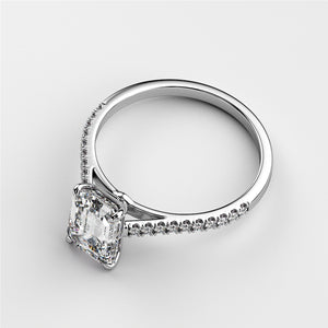 Elegant Asscher cut diamond engagement ring in 14K white gold, featuring a delicate diamond-studded shank. Perfect for a cherished moment.