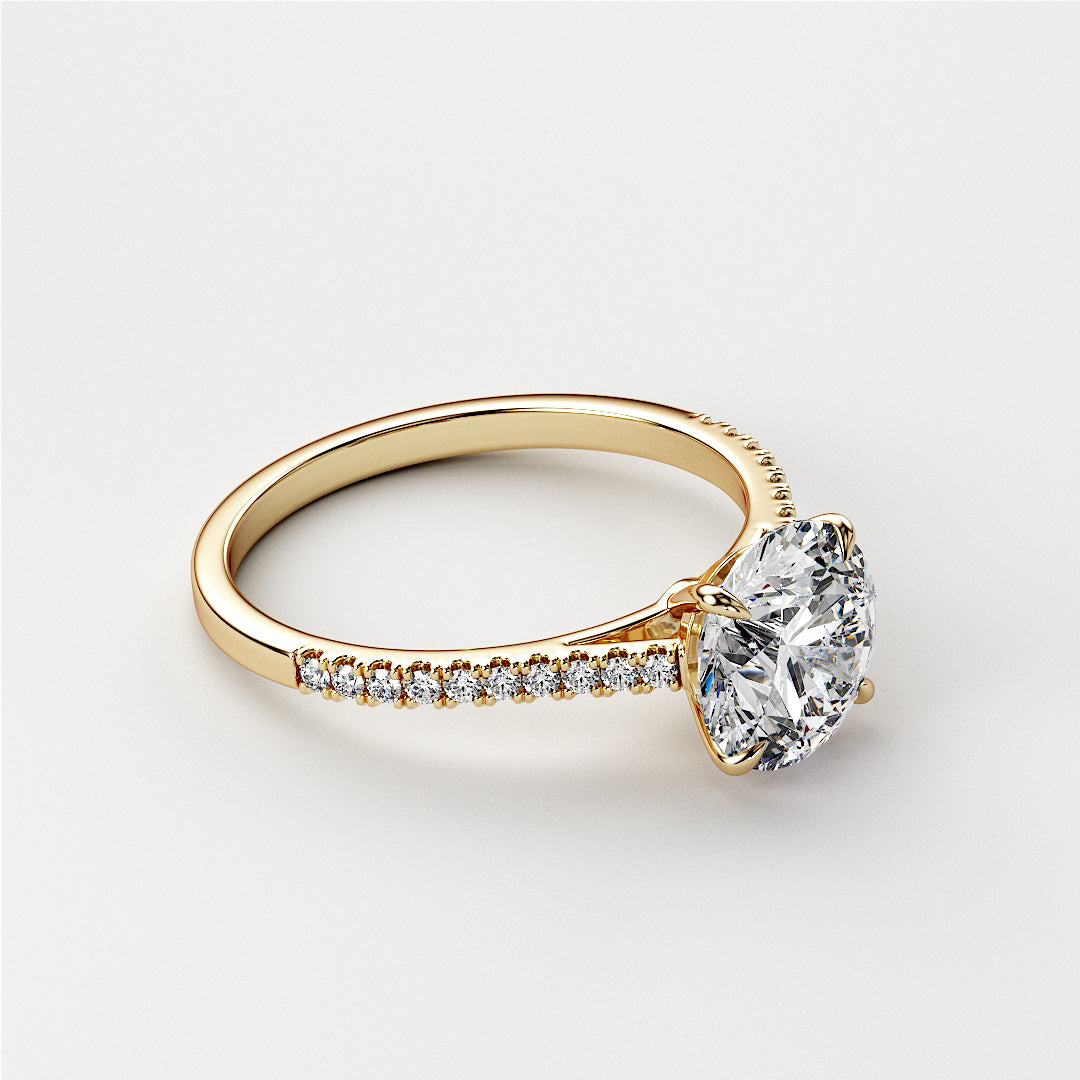 Elegant round diamond engagement ring in 14K or 18K gold or platinum, featuring a sparkling diamond centerpiece andPave-set band.|




#14KRecycledYellowGold
#18KRecycledYellowGold





